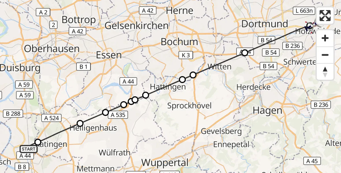 Flugroute Polizeihubschrauber Düsseldorf Flughafen - Dortmund Flughafen, 21 April 2026, 22:12