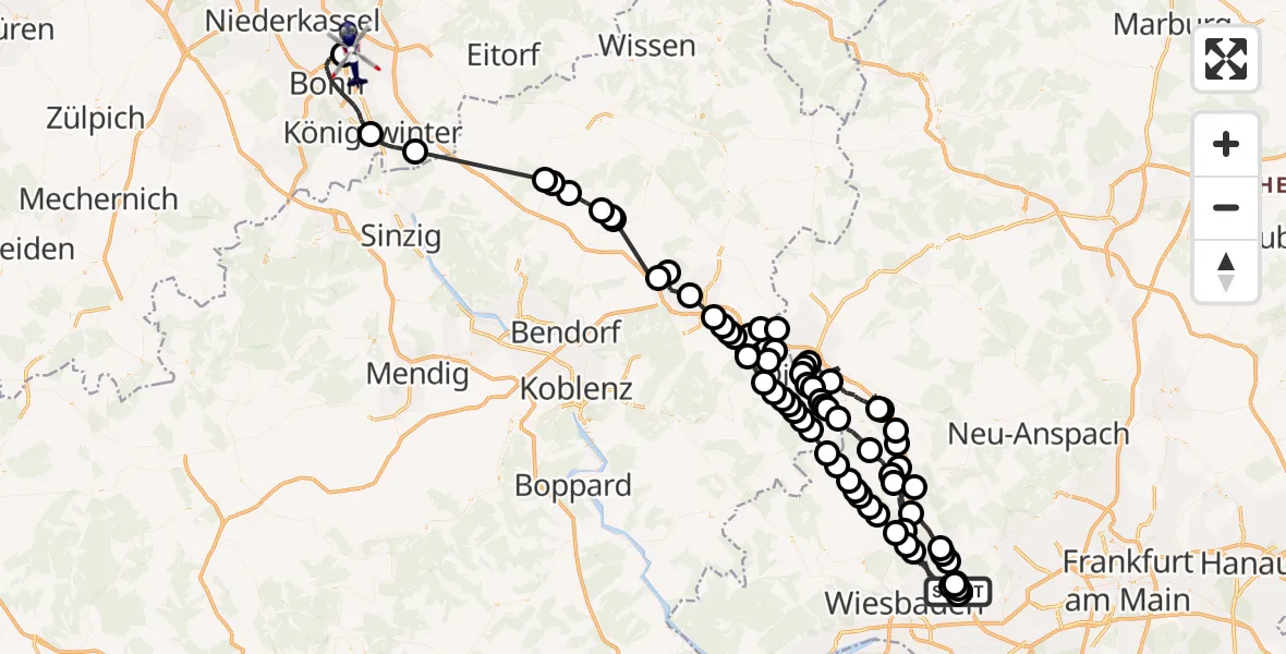 Flugroute Polizeihubschrauber Autobahn Police Wiesbaden Hubschrauberlandeplatz - Sankt Augustin, 21 April 2026, 22:14