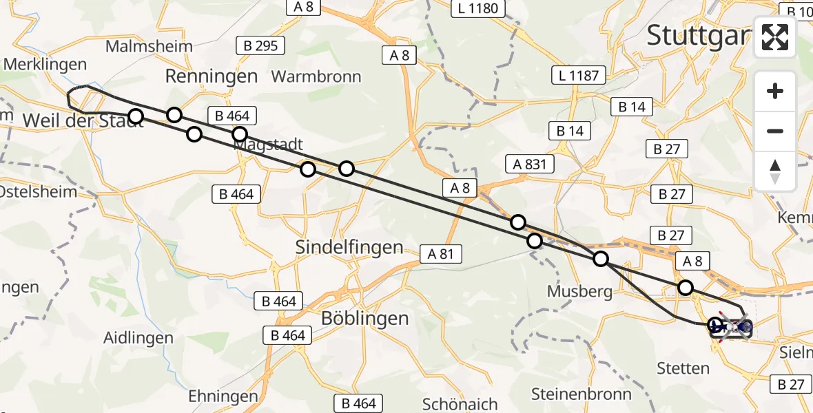 Flugroute Polizeihubschrauber Flughafen Stuttgart - Flughafen Stuttgart, 21 April 2026, 22:14