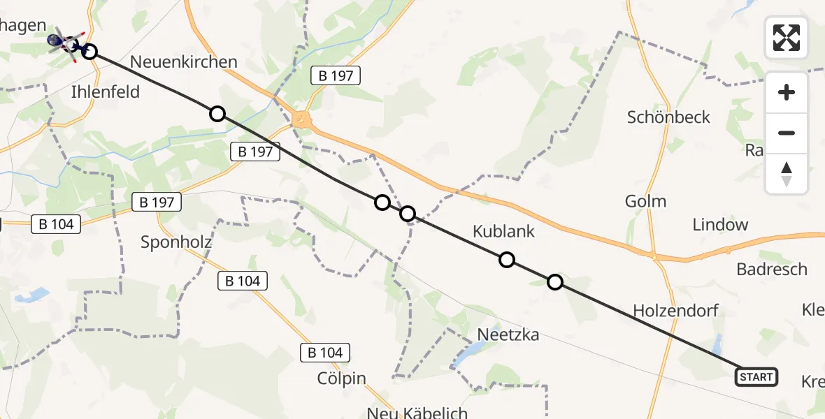 Flugroute Polizeihubschrauber Groß Miltzow - Neubrandenburg Trollenhagen Flughafen, 22 April 2026, 04:47