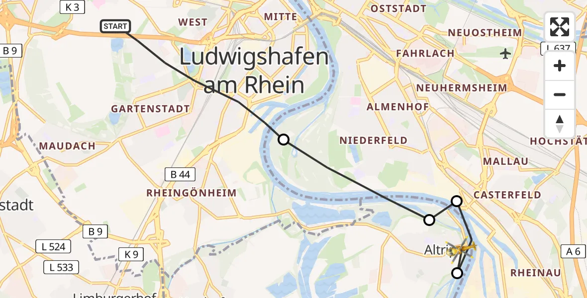 Flugroute Rettungshubschrauber Ludwigshafen am Rhein - Altrip, 22 April 2026, 04:48