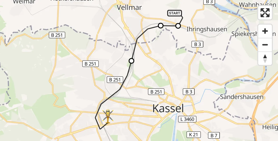 Flugroute Rettungshubschrauber Fuldatal Bundespolizei Hubschrauberlandeplatz - Kassel, 22 April 2026, 05:03