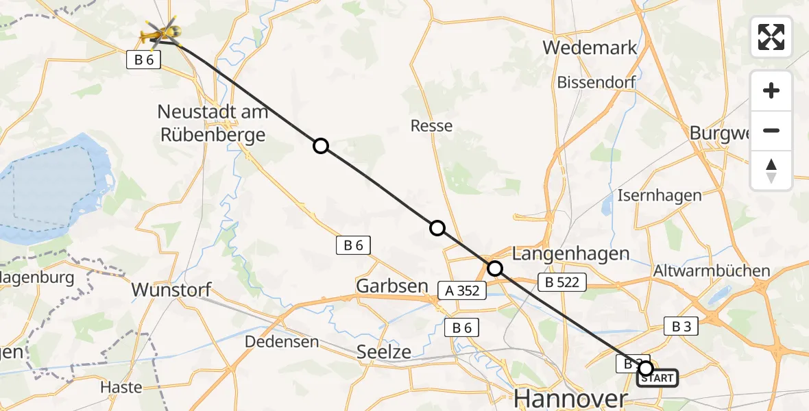 Flugroute Rettungshubschrauber Hannover Luftrettung Hubschrauberlandeplatz (Christoph 4) - Neustadt am Rübenberge, 22 April 2026, 05:07