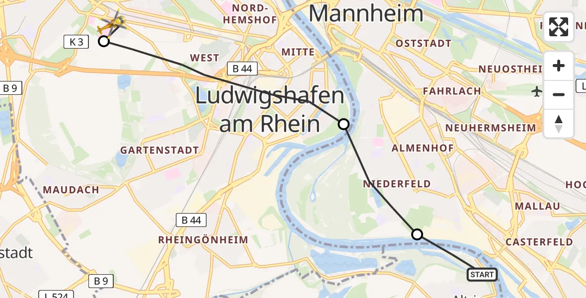 Flugroute Rettungshubschrauber Altrip - Ludwigshafen Accident Hospital, 22 April 2026, 05:31