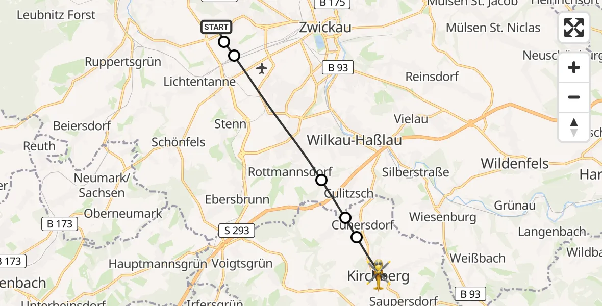 Flugroute Rettungshubschrauber ADAC Air Rescue Station Zwickau Hubschrauberlandeplatz - Kirchberg, 22 April 2026, 05:44
