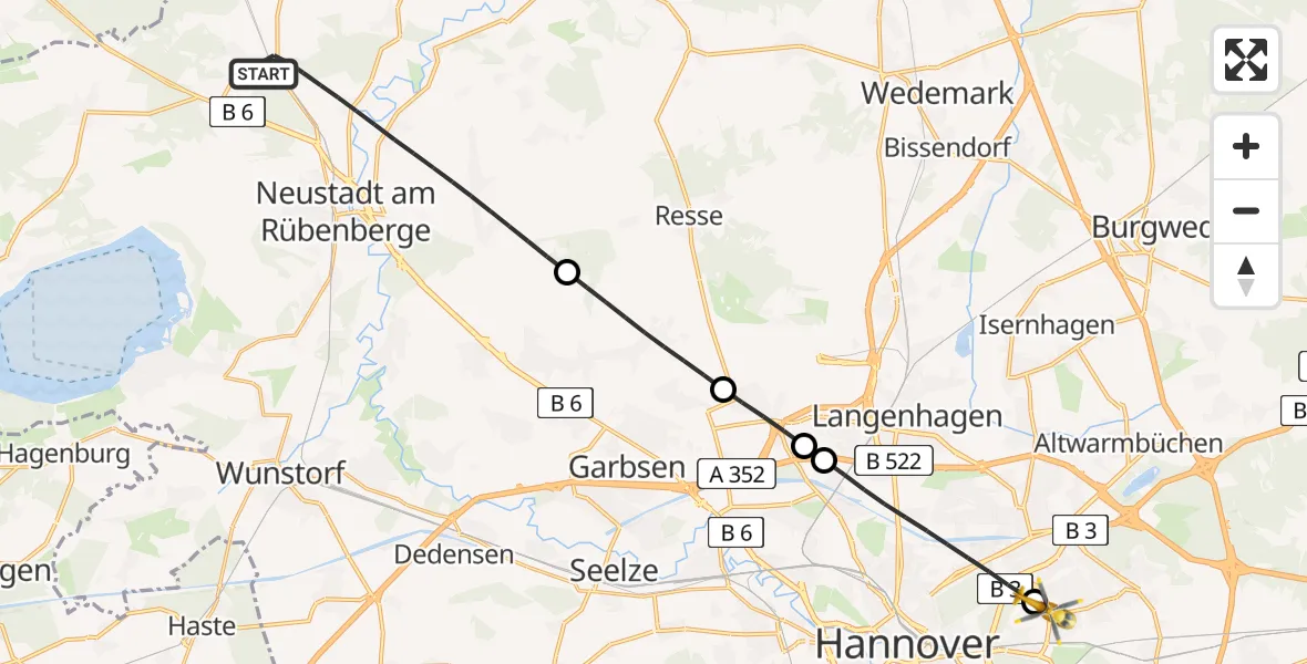 Flugroute Rettungshubschrauber Neustadt am Rübenberge - Hannover Luftrettung Hubschrauberlandeplatz (Christoph 4), 22 April 2026, 05:49