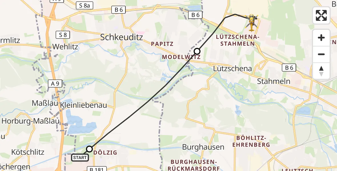 Flugroute Rettungshubschrauber ADAC Air Rescue Station Leipzig/Schkeuditz-Dölzig Hubschrauberlandeplatz (Christoph 61) - Leipzig, 22 April 2026, 05:56