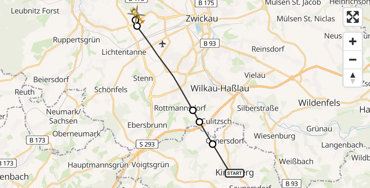Flugroute Rettungshubschrauber Kirchberg - ADAC Air Rescue Station Zwickau Hubschrauberlandeplatz, 22 April 2026, 06:14