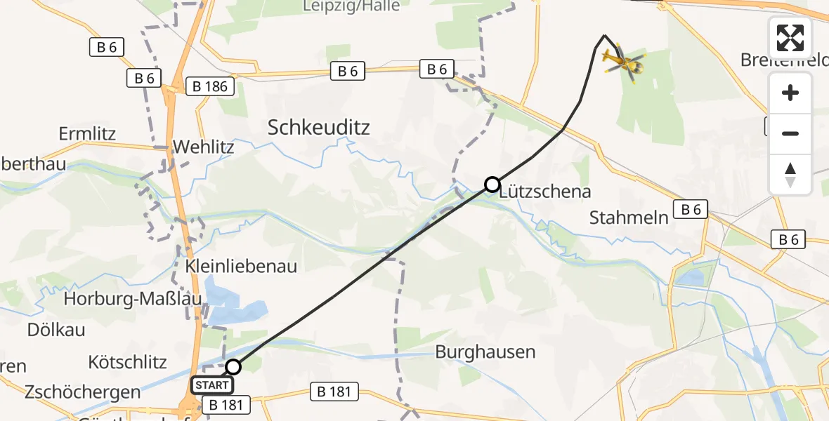 Flugroute Rettungshubschrauber ADAC Air Rescue Station Leipzig/Schkeuditz-Dölzig Hubschrauberlandeplatz (Christoph 61) - Leipzig, 22 April 2026, 06:16