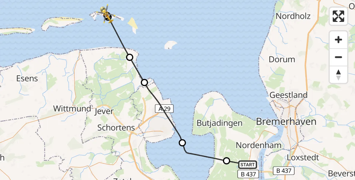 Flugroute Rettungshubschrauber Nordenham - Noordzee, 22 April 2026, 06:30