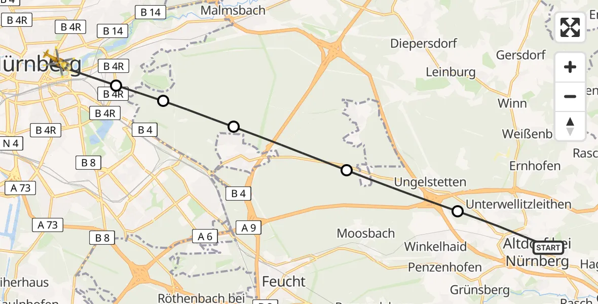 Flugroute Rettungshubschrauber Altdorf b.Nürnberg - Nürnberg, 22 April 2026, 06:34