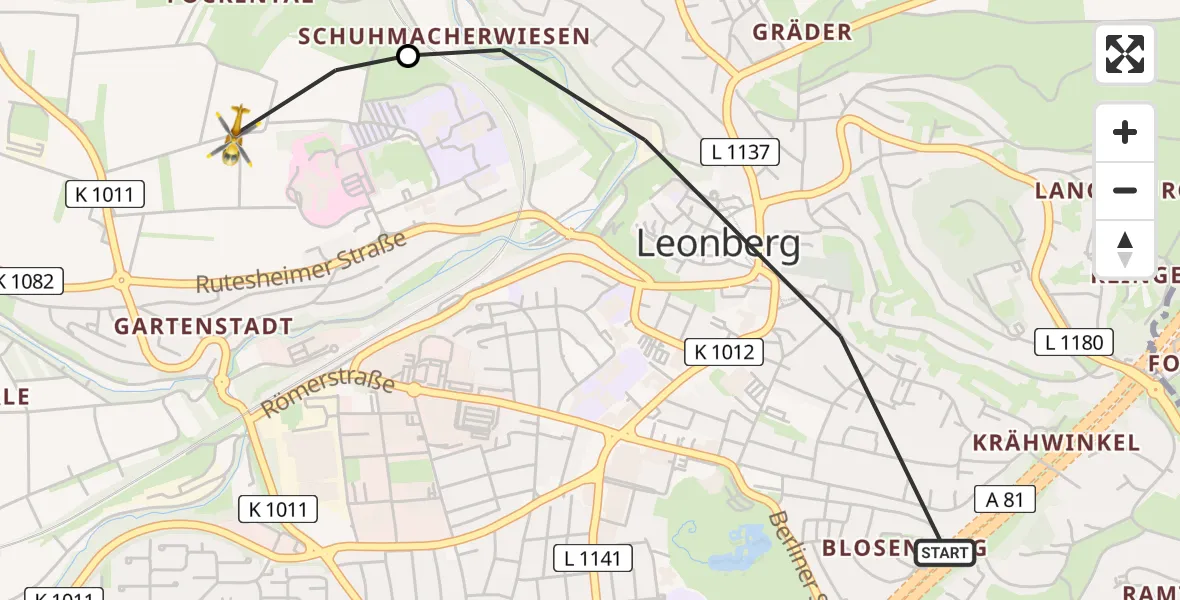 Flugroute Rettungshubschrauber Leonberg - Leonberg Hospital, 22 April 2026, 06:36