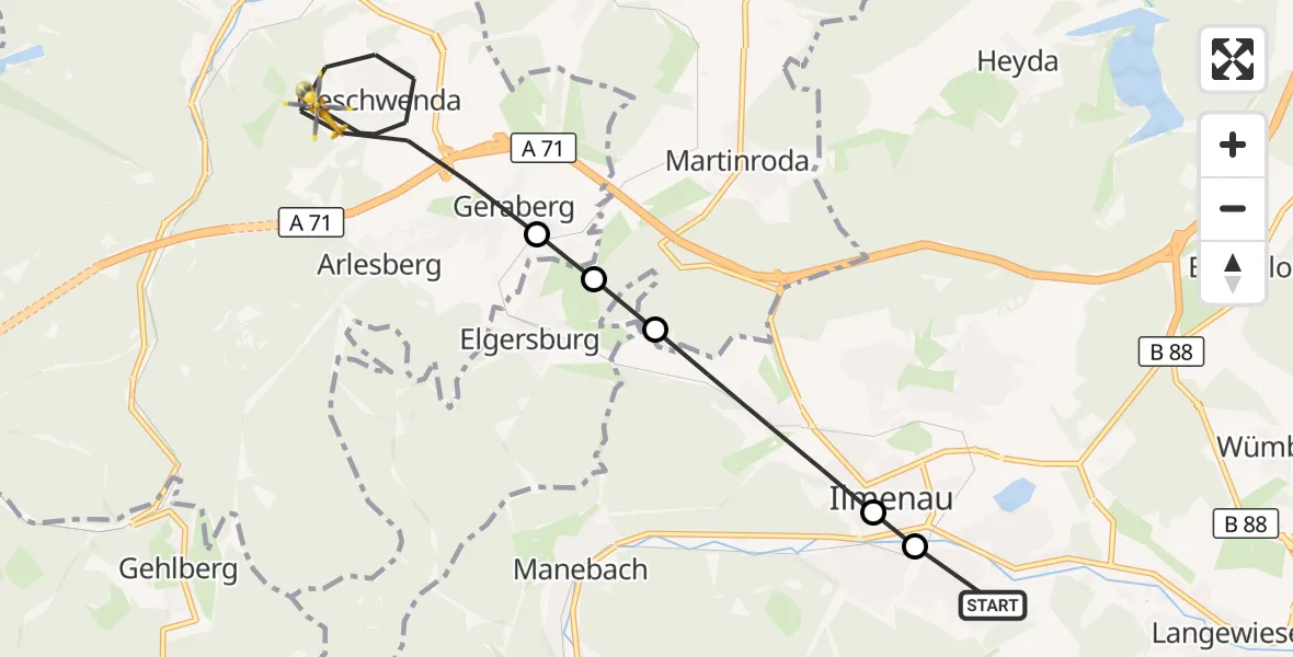 Flugroute Rettungshubschrauber Ilmenau - Geratal, 22 April 2026, 06:48