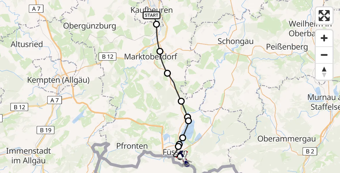 Flugroute Polizeihubschrauber Kaufbeuren - Schwangau, 22 April 2026, 07:02