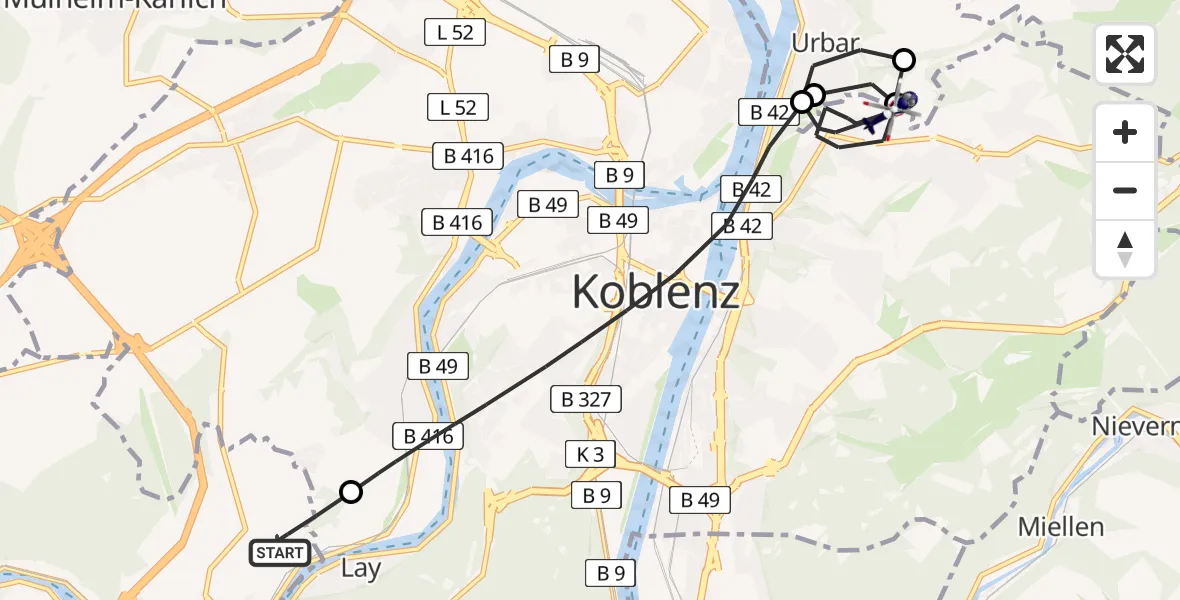 Flugroute Polizeihubschrauber Koblenz-Winningen Flugplatz - Koblenz, 22 April 2026, 07:18