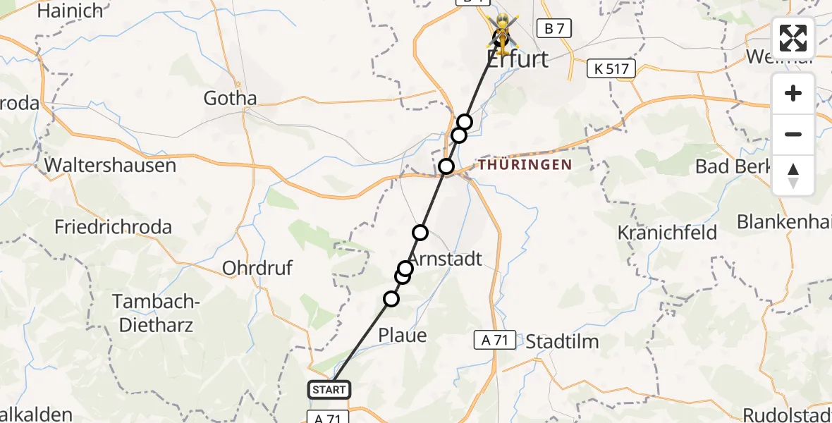 Flugroute Rettungshubschrauber Geratal - Helios Clinic Erfurt, 22 April 2026, 07:25