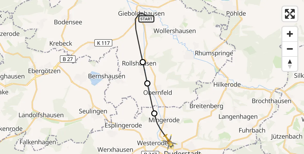 Flugroute Rettungshubschrauber Gieboldehausen - Duderstadt, 22 April 2026, 07:26
