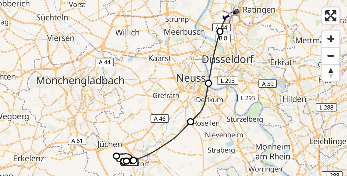 Flugroute Polizeihubschrauber Gustorfer Höhe Flugplatz - Düsseldorf Flughafen, 22 April 2026, 07:34