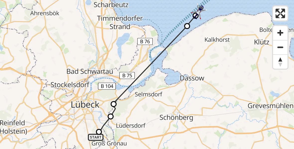Flugroute Polizeihubschrauber Lübeck Blankensee Flughafen - Kalkhorst, 22 April 2026, 07:37