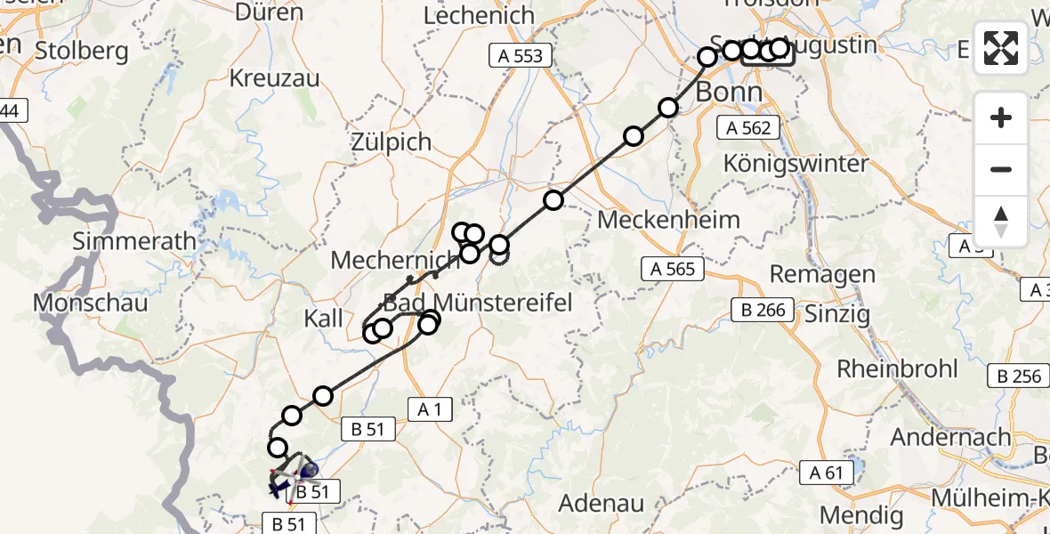 Flugroute Polizeihubschrauber Sankt Augustin - Dahlem, 22 April 2026, 07:41