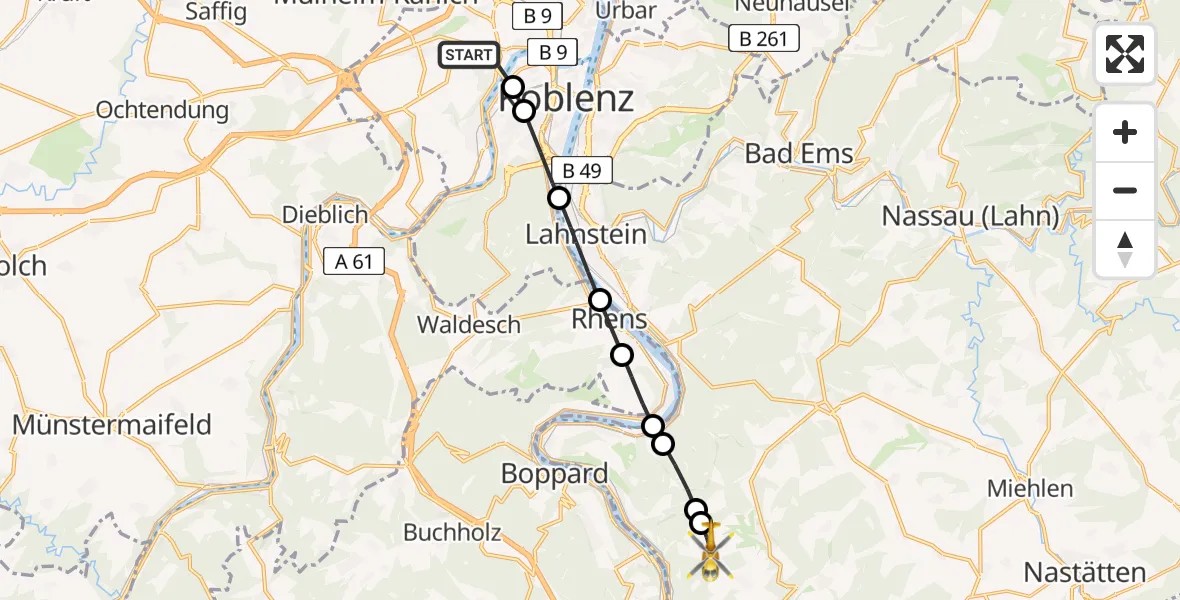 Flugroute Rettungshubschrauber Koblenz - Lykershausen, 22 April 2026, 07:48