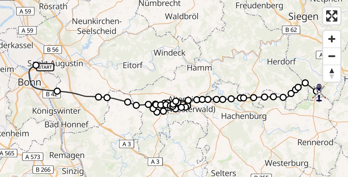 Flugroute Polizeihubschrauber Sankt Augustin - Siegerland Flughafen, 22 April 2026, 07:50
