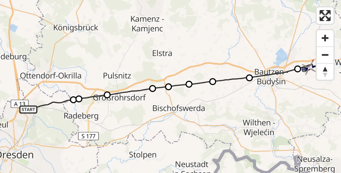 Flugroute Polizeihubschrauber Dresden - Kubschütz, 22 April 2026, 07:52
