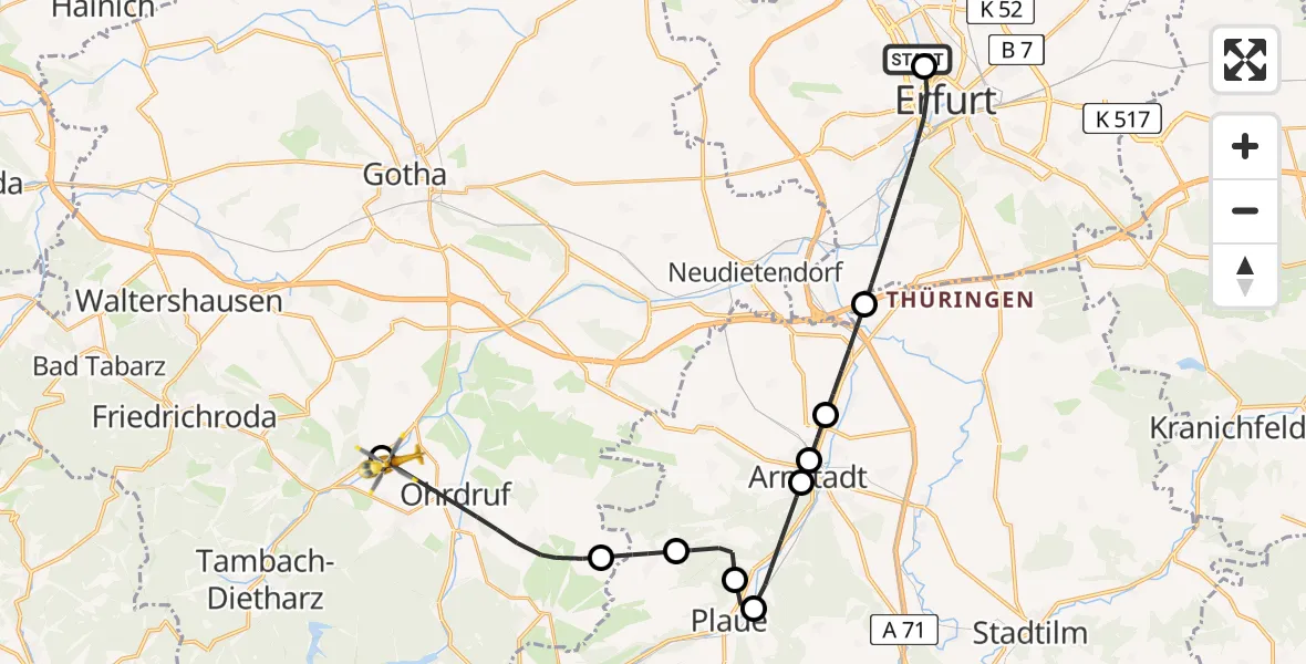 Flugroute Rettungshubschrauber Helios Clinic Erfurt - Georgenthal, 22 April 2026, 07:56
