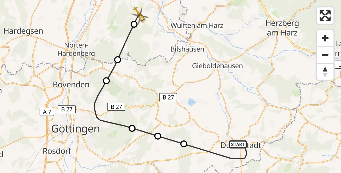 Flugroute Rettungshubschrauber Duderstadt - Katlenburg-Lindau, 22 April 2026, 08:00