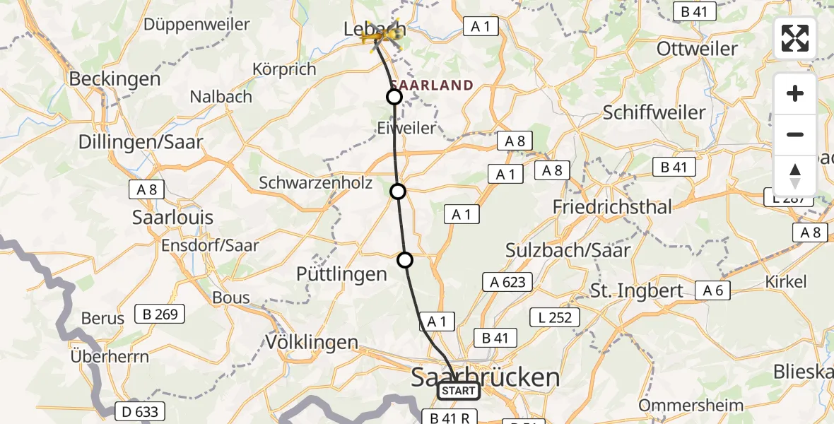 Flugroute Rettungshubschrauber Saarbrücken - Lebach, 22 April 2026, 08:00