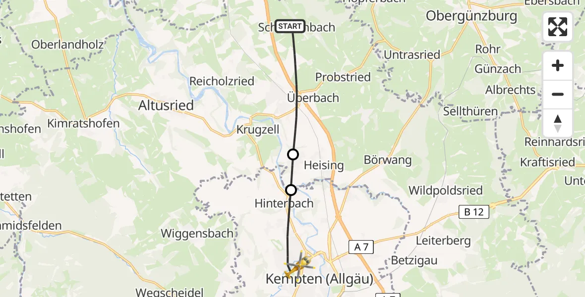 Flugroute Rettungshubschrauber Dietmannsried - Kempten (Allgäu), 22 April 2026, 08:18