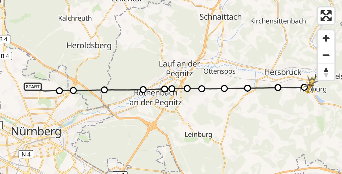Flugroute Rettungshubschrauber Flughafen Nuremberg - Happurg, 22 April 2026, 08:25