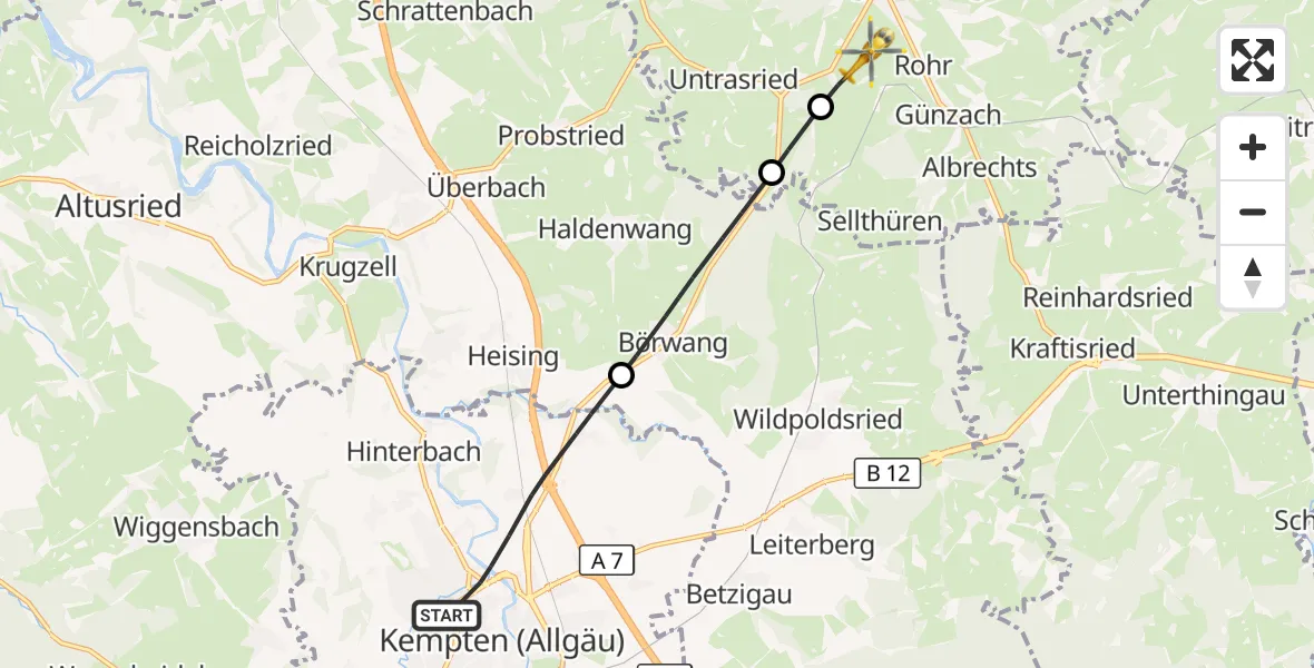 Flugroute Rettungshubschrauber Kempten (Allgäu) - Günzach, 22 April 2026, 08:26