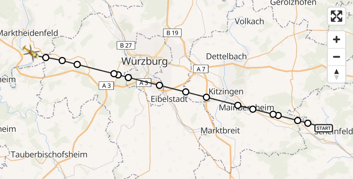 Flugroute Rettungshubschrauber Scheinfeld - Triefenstein, 22 April 2026, 08:26