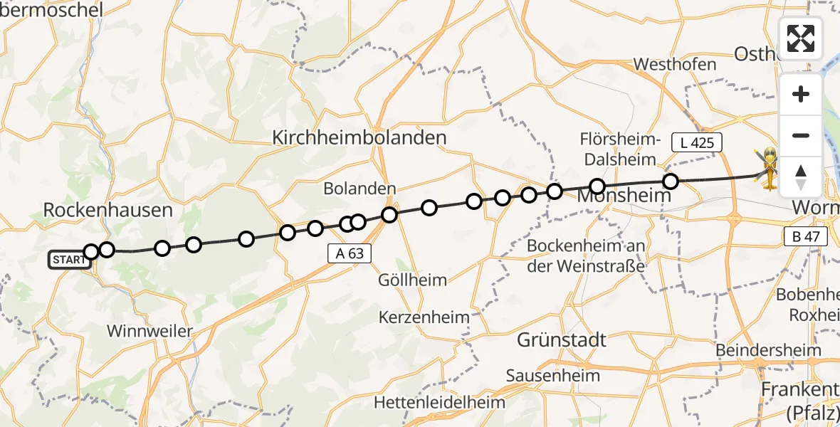 Flugroute Rettungshubschrauber Imsweiler UL - Worms, 22 April 2026, 08:30