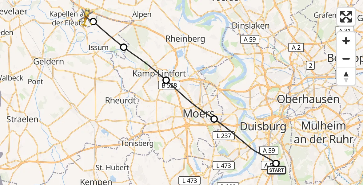 Flugroute Rettungshubschrauber Duisburg Air Rescue Hubschrauberlandeplatz (Christoph 9) - Sonsbeck, 22 April 2026, 08:33