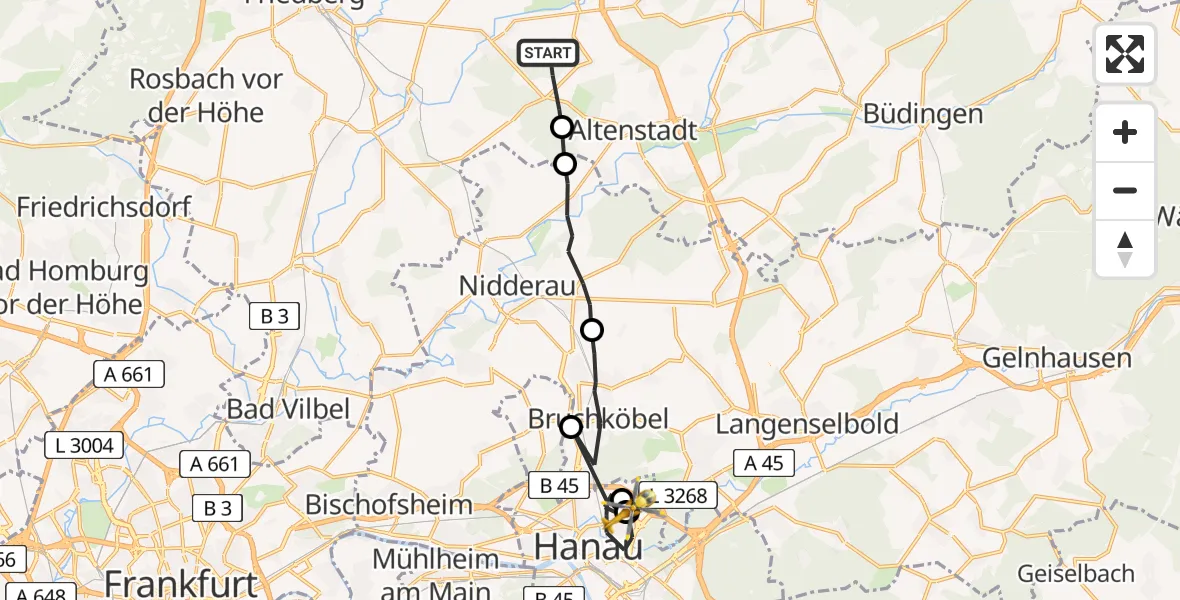 Flugroute Ambulanzhubschrauber Florstadt - Hanau Feuerwehr Notfall-Hubschrauberlandeplatz, 22 April 2026, 08:35