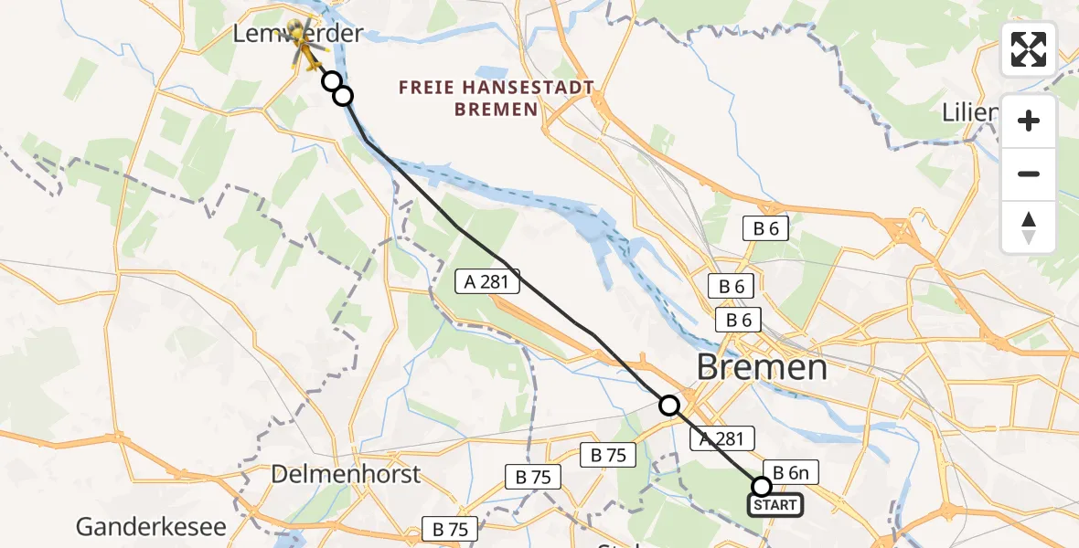 Flugroute Rettungshubschrauber Bremen - Lemwerder, 22 April 2026, 08:36
