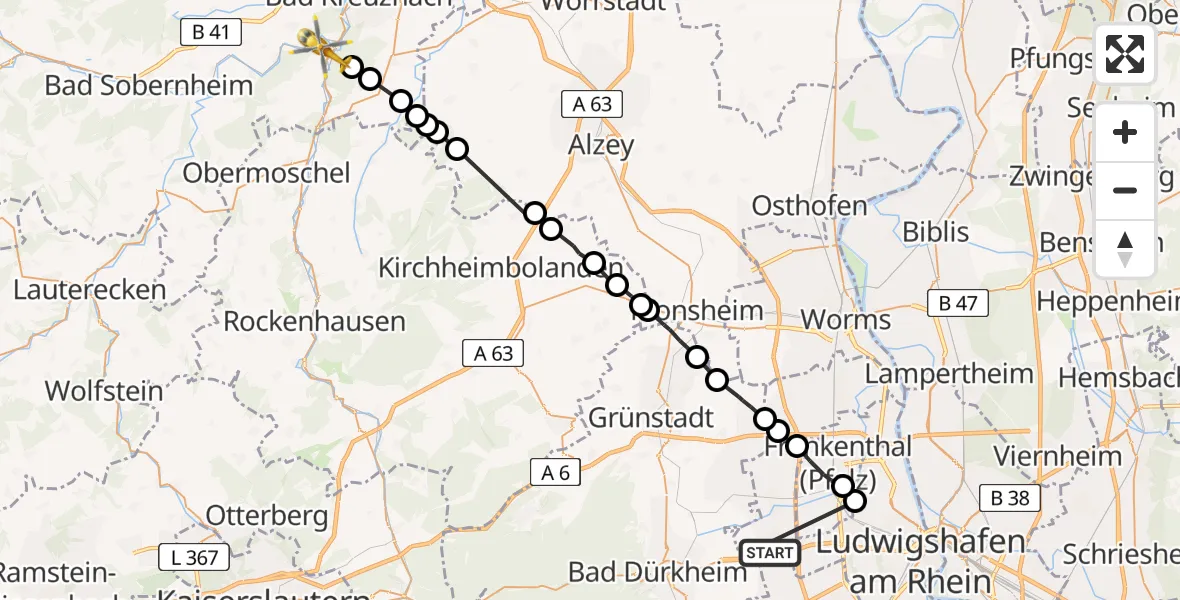Flugroute Rettungshubschrauber Maxdorf - Bad Kreuznach, 22 April 2026, 08:37