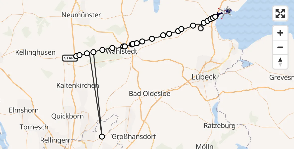 Flugroute Polizeihubschrauber Bad Bramstedt - Sierksdorf, 22 April 2026, 08:37