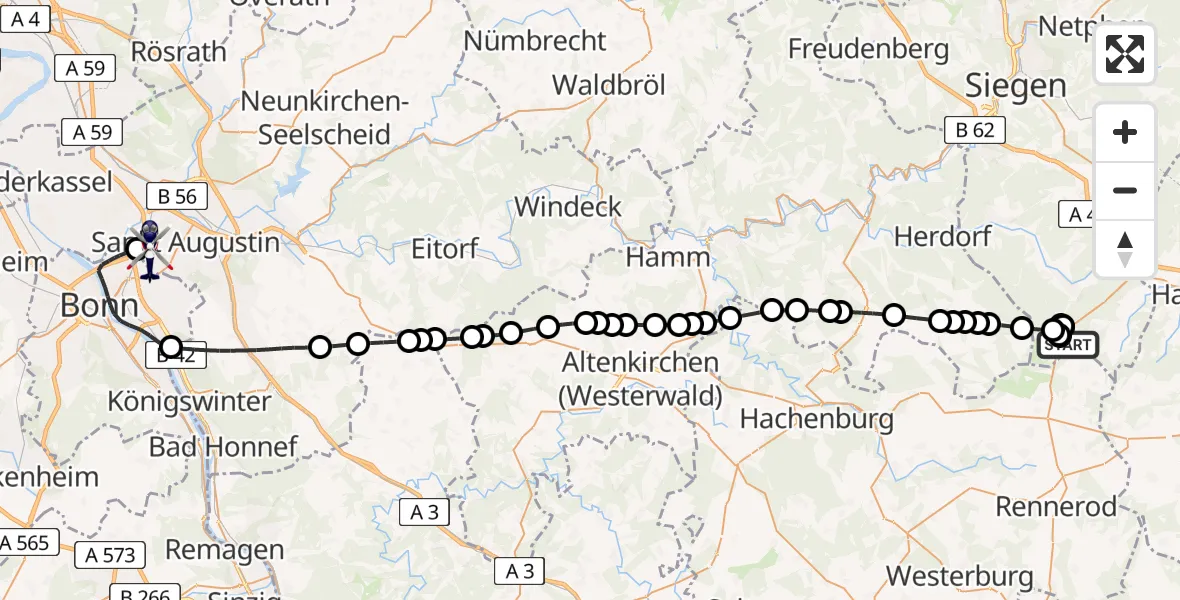 Flugroute Polizeihubschrauber Siegerland Flughafen - Sankt Augustin, 22 April 2026, 08:47