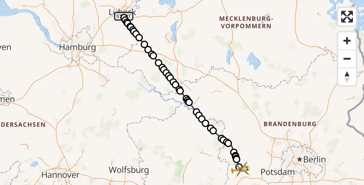 Flugroute Rettungshubschrauber Lübeck - Brandenburg an der Havel, 22 April 2026, 08:49