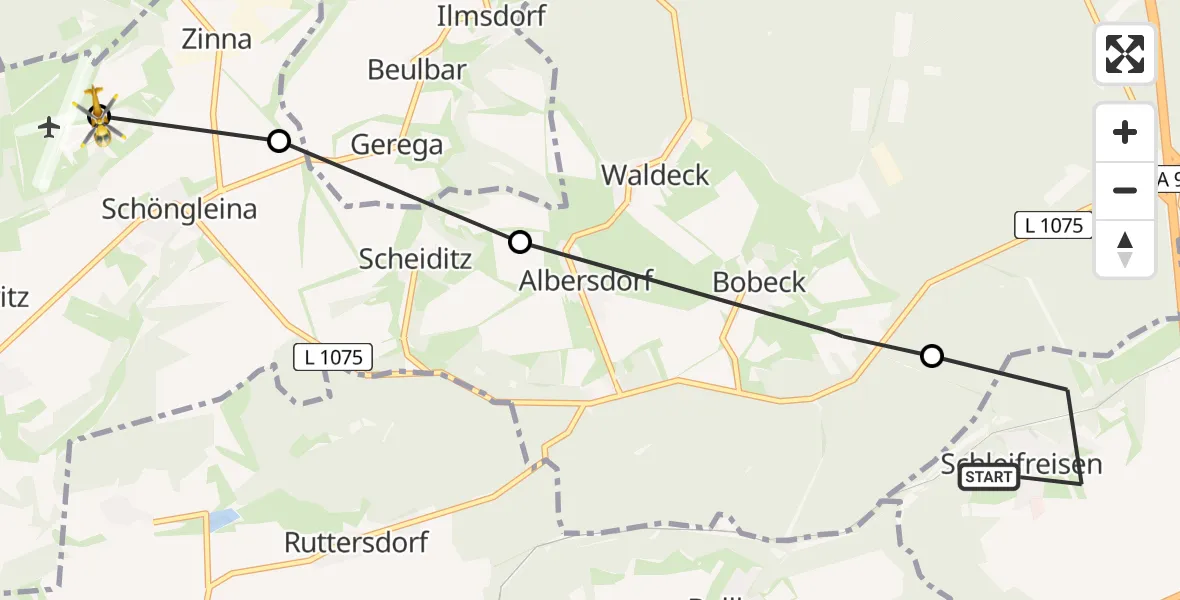 Flugroute Rettungshubschrauber Schleifreisen - Jena-Schöngleina Flugplatz, 22 April 2026, 08:50