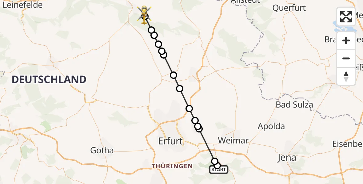 Flugroute Ambulanzhubschrauber DRF Rettungsstation Bad Berka Hubschrauberlandeplatz - Sondershausen, 22 April 2026, 08:55