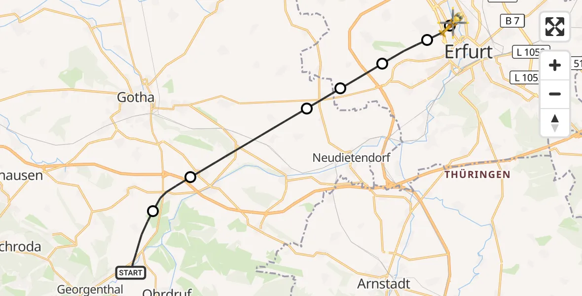 Flugroute Rettungshubschrauber Georgenthal - Helios Clinic Erfurt, 22 April 2026, 08:58