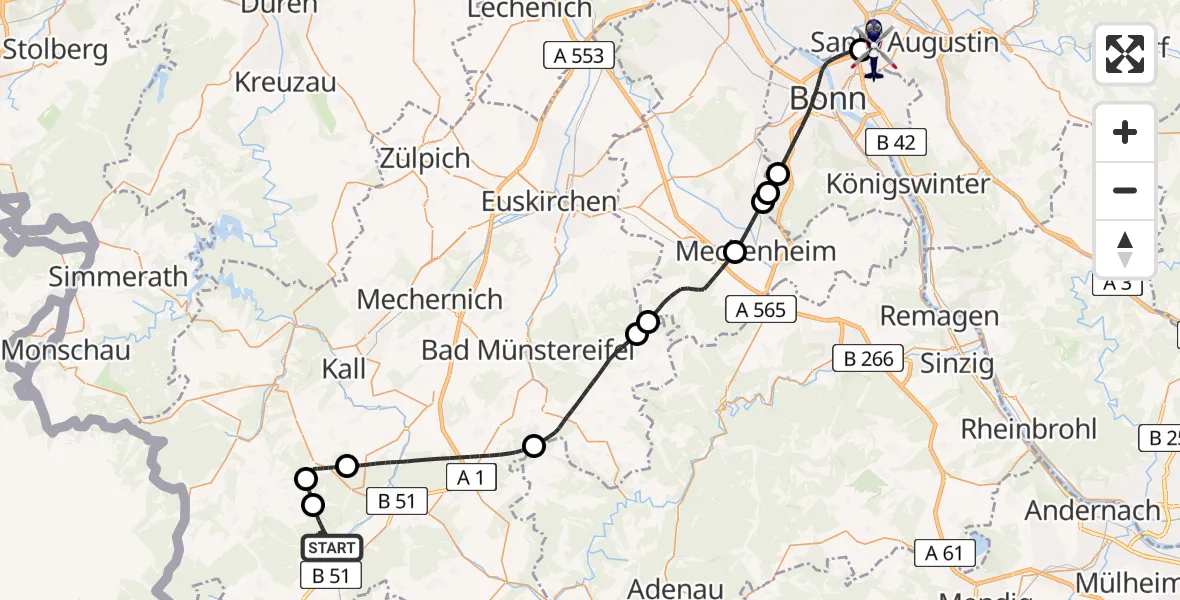 Flugroute Polizeihubschrauber Dahlem - Sankt Augustin, 22 April 2026, 08:58