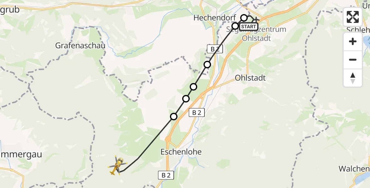 Flugroute Rettungshubschrauber Ohlstadt Flugplatz - Eschenlohe, 22 April 2026, 09:02