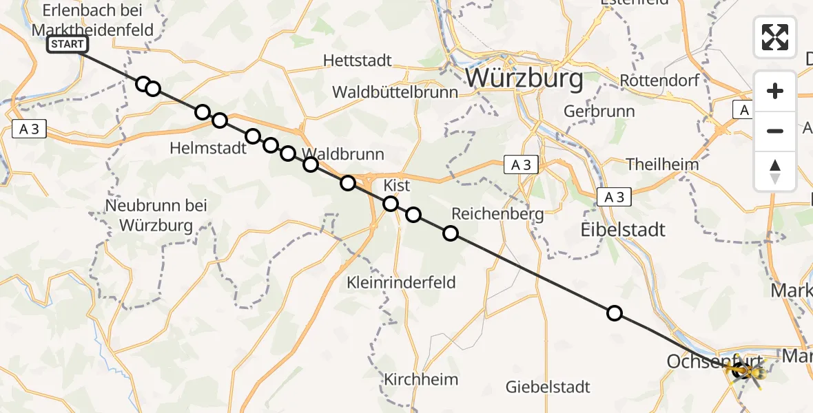 Flugroute Rettungshubschrauber Triefenstein - Ochsenfurt Hospital, 22 April 2026, 09:03