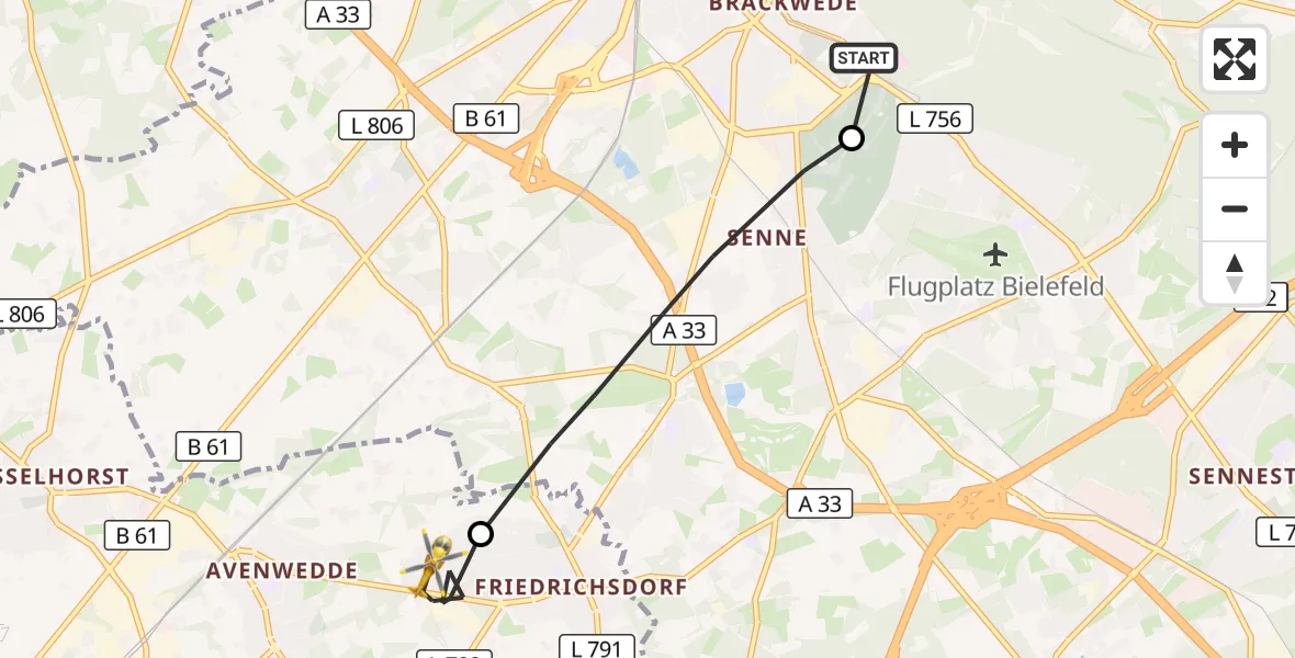 Flugroute Rettungshubschrauber Luftrettungszentrum Bielefeld - Gütersloh, 22 April 2026, 09:04