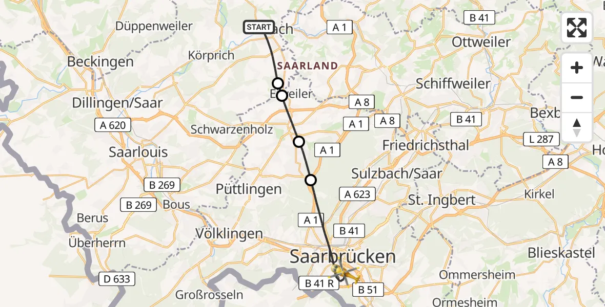 Flugroute Rettungshubschrauber Lebach - Saarbrücken, 22 April 2026, 09:05